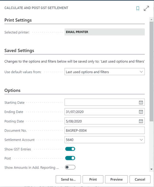 GST settlement print and save settings