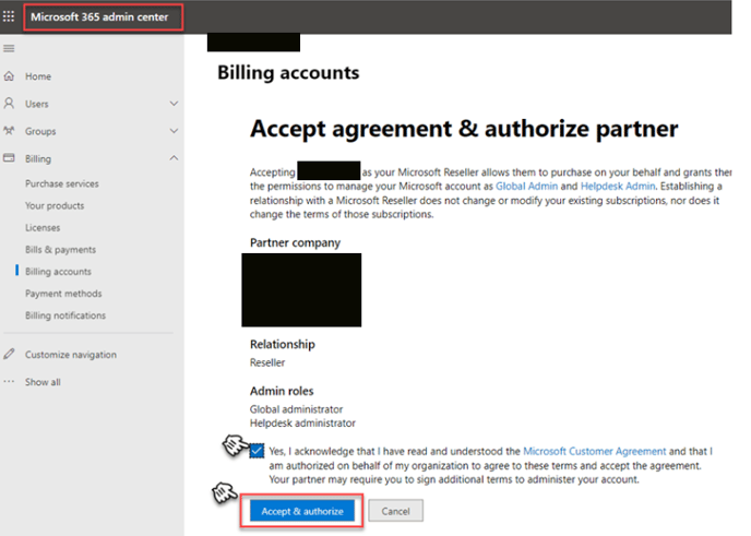 Accept agreement and authorise partner
