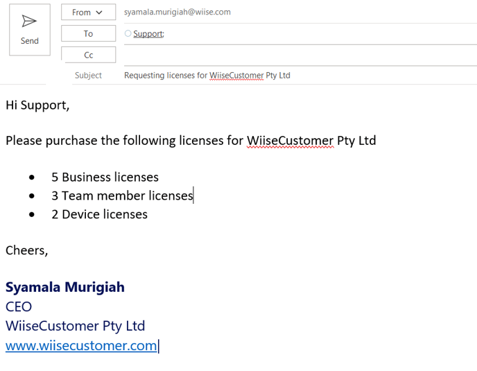 how to purchase wiise licenses email template
