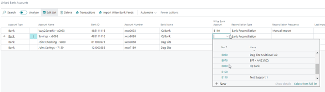 linked bank account add to wiise bank account column