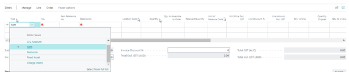 sales order lines section