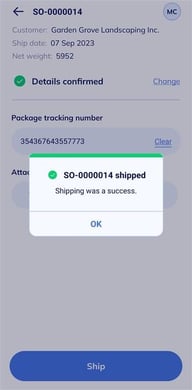 A success message on the OnTime app after completing a ship.
