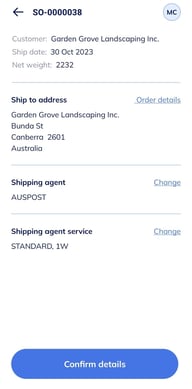 The ship order screen of the Wiise Warehouse OnTime app.