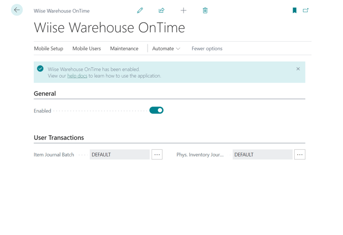 Screenshot of the Wiise Warehouse OnTime extension enabled