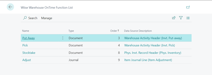 Wiise Warehouse OnTime functions list