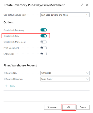 The settings screen when creating a pick or putaway in Wiise ERP Desktop